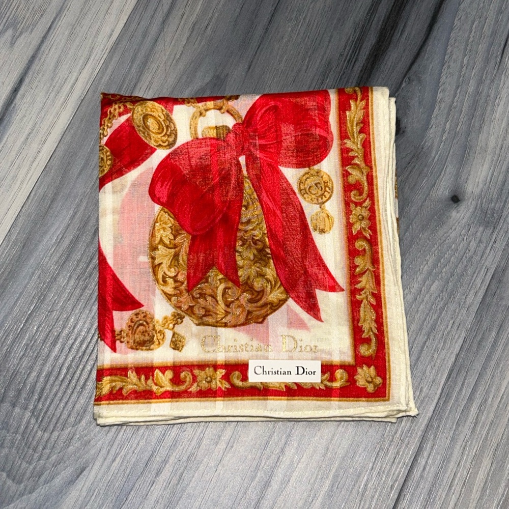 Vintage Christian Dior Gold Chain Red Ribbon Cotton Handkerchief Scarf - Picture 12 of 12